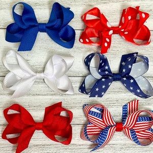 NEW Girls 6 Piece Red & Blue Patriotic Flag Stars Bow Hair Clip Set Accessory